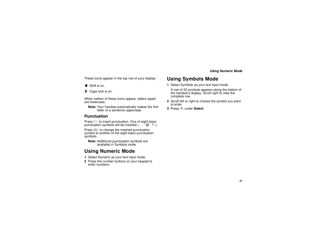 Motorola i315 manual Using Numeric Mode, Using Symbols Mode, Punctuation 