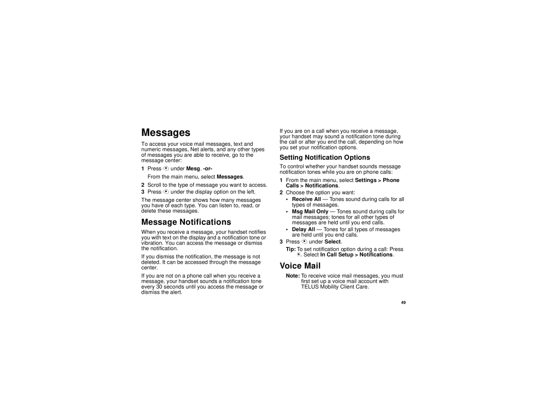 Motorola i315 manual Messages, Message Notifications, Voice Mail, Setting Notification Options 