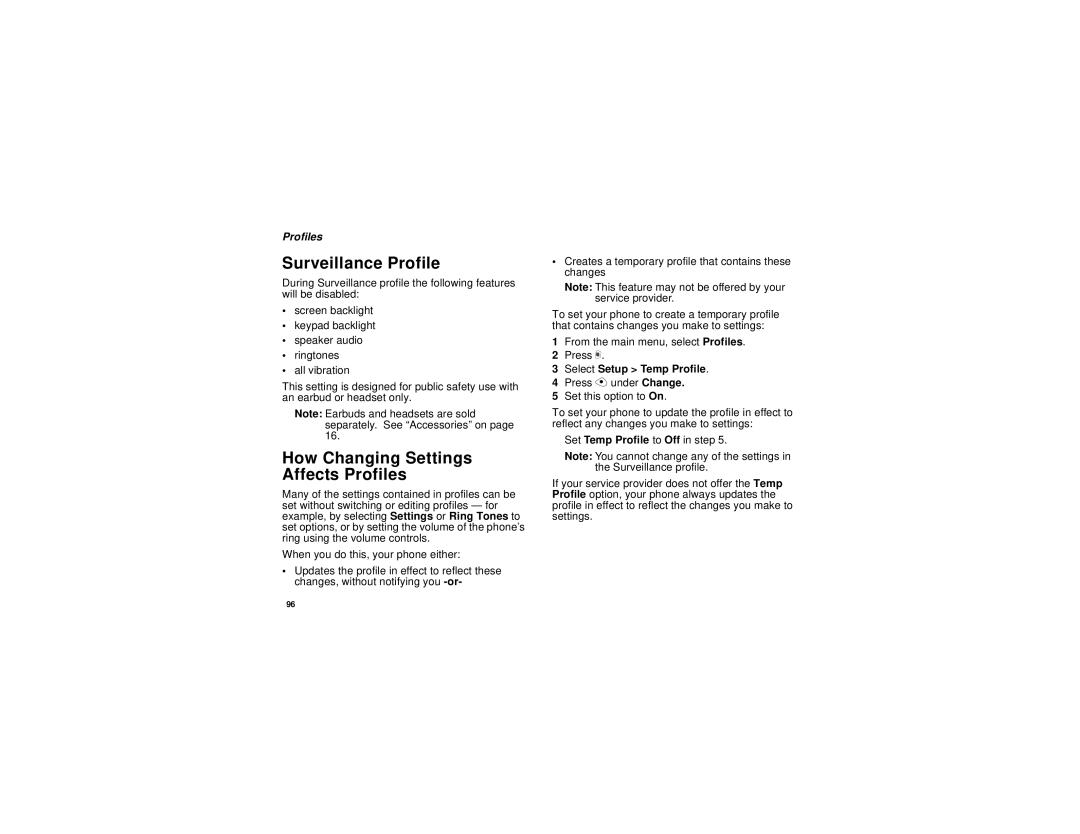 Motorola i325 manual Surveillance Profile, How Changing Settings Affects Profiles, Select Setup Temp Profile 