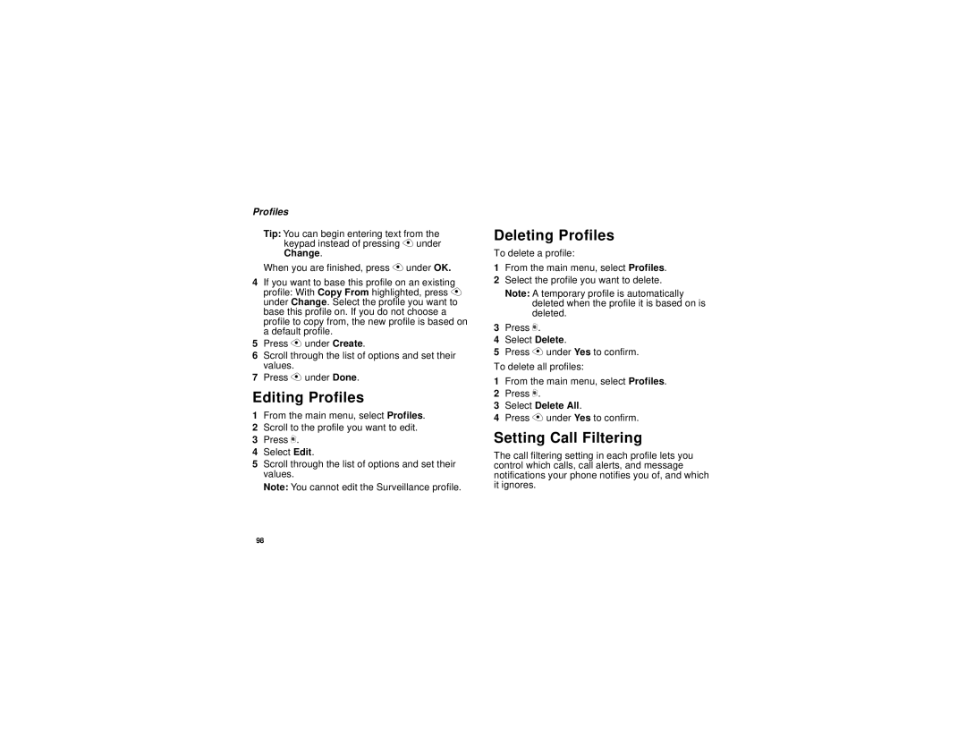 Motorola i325 manual Editing Profiles, Deleting Profiles, Setting Call Filtering 