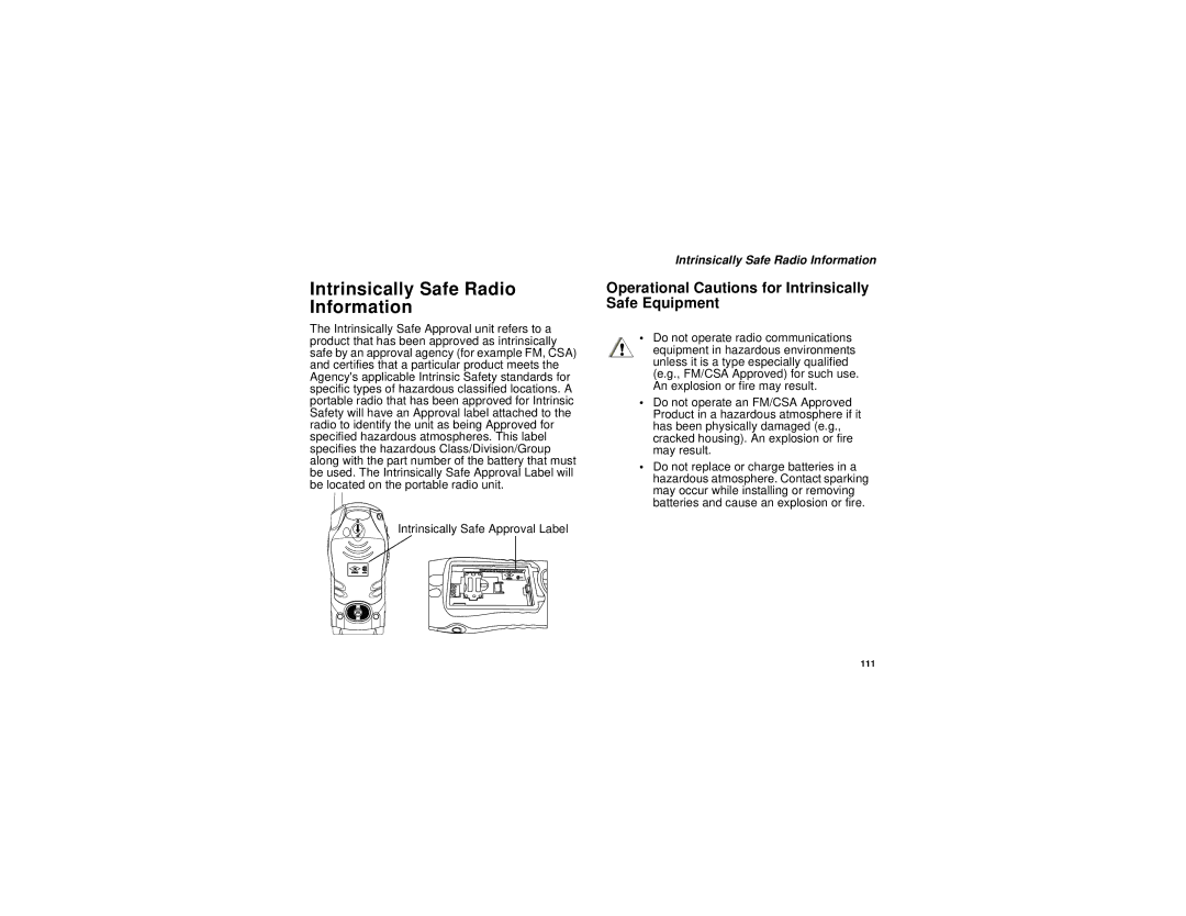 Motorola i325 manual Intrinsically Safe Radio Information, Operational Cautions for Intrinsically Safe Equipment 