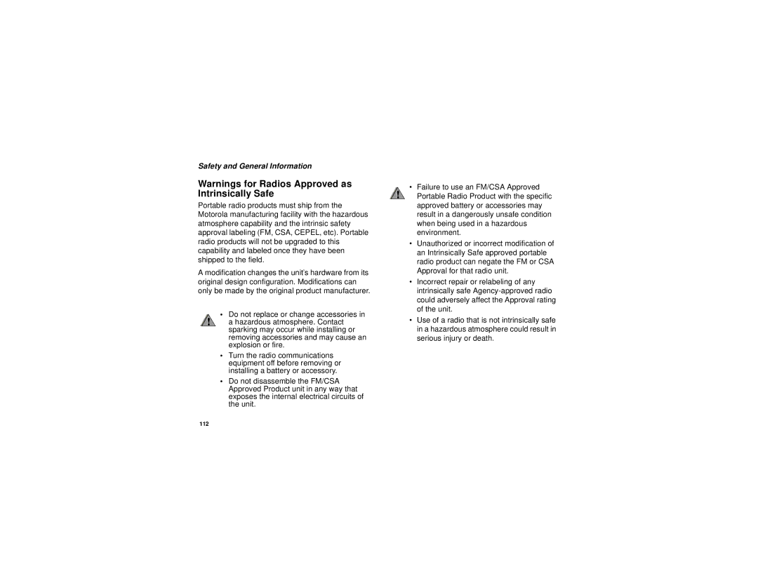 Motorola i325 manual Intrinsically Safe 