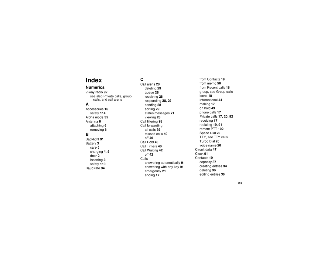 Motorola i325 manual Index, Numerics 