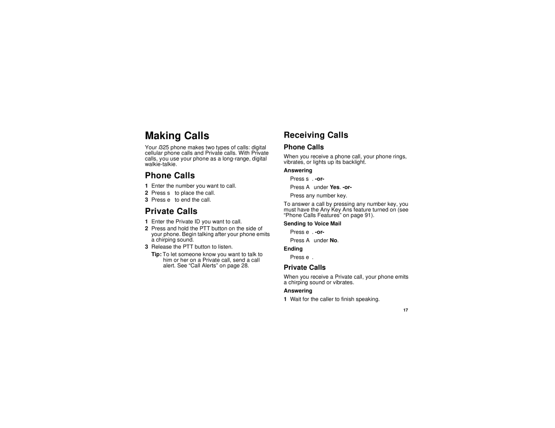 Motorola i325 manual Making Calls, Phone Calls, Private Calls, Receiving Calls 