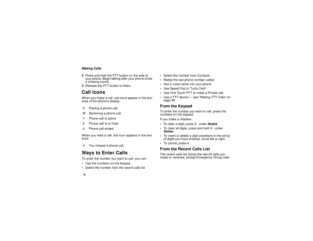 Motorola i325 manual Call Icons, Ways to Enter Calls, From the Keypad, From the Recent Calls List, Making Calls 