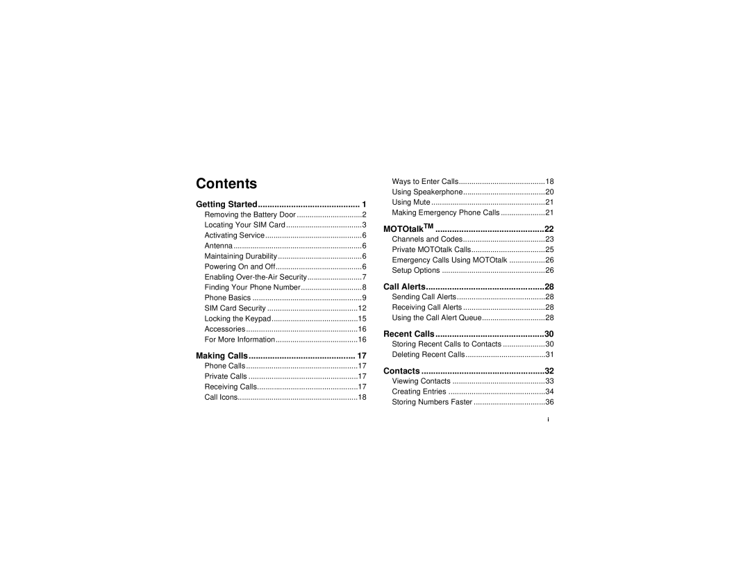 Motorola i325 manual Contents 