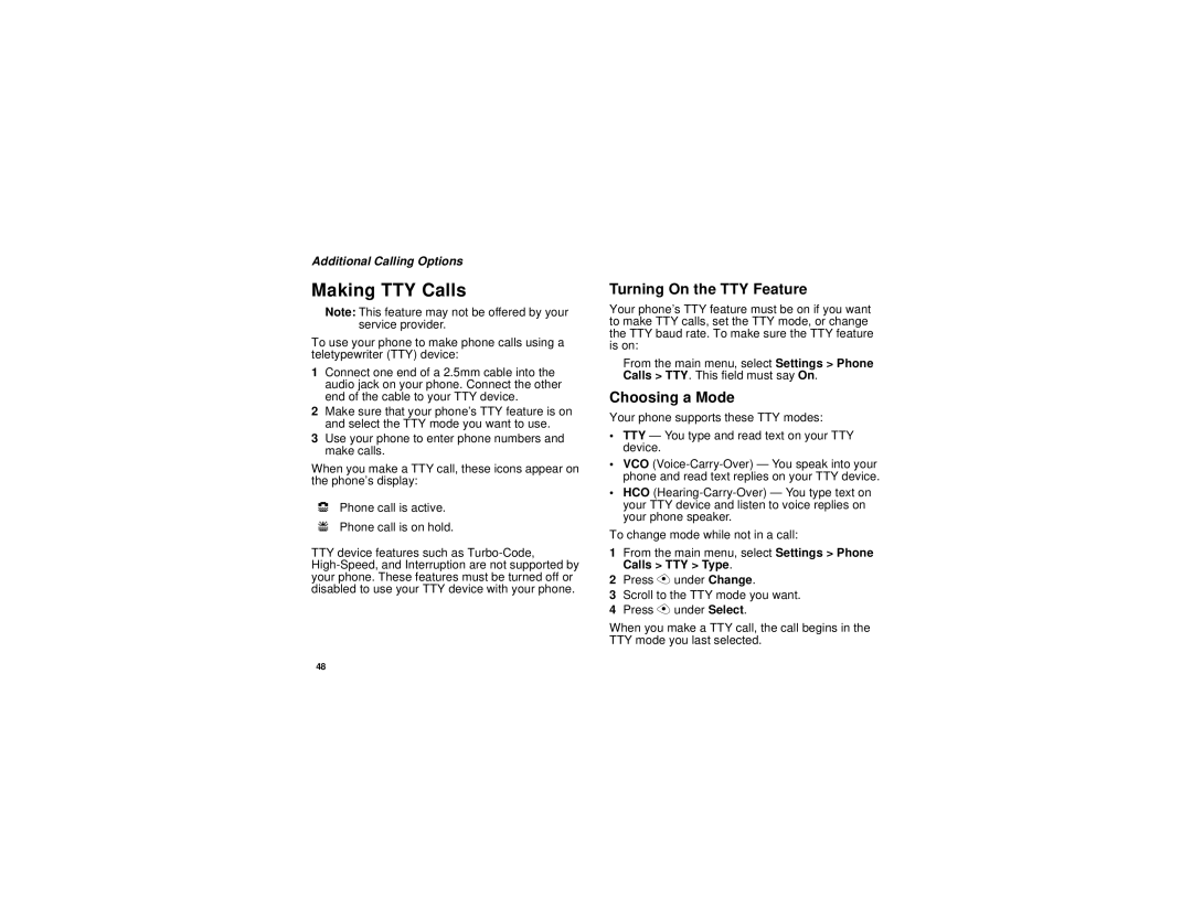 Motorola i325 manual Making TTY Calls, Turning On the TTY Feature, Choosing a Mode 