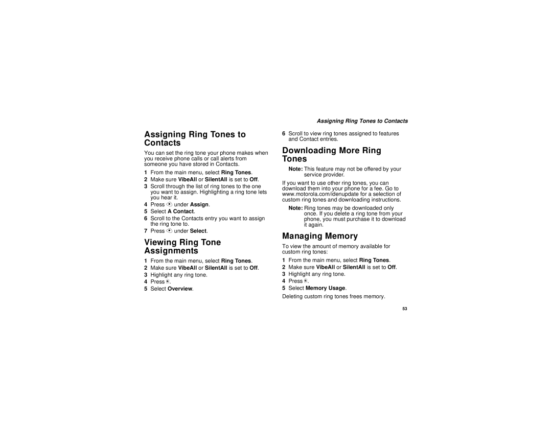 Motorola i325 Assigning Ring Tones to Contacts, Viewing Ring Tone Assignments, Downloading More Ring Tones Managing Memory 