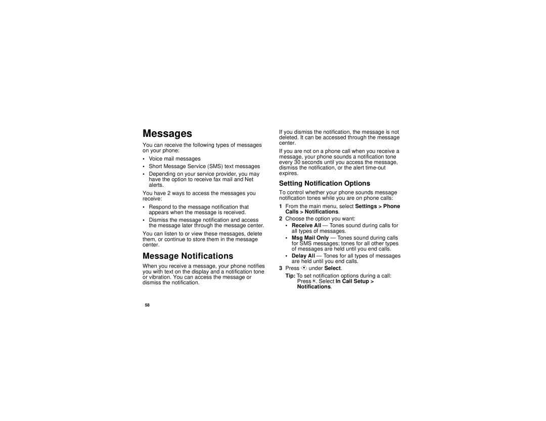 Motorola i325 manual Messages, Message Notifications, Setting Notification Options 