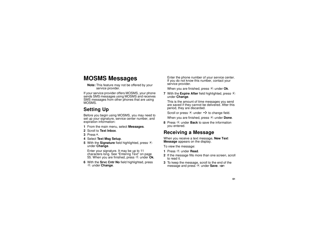 Motorola i325 manual Mosms Messages, Setting Up, Select Text Msg Setup 