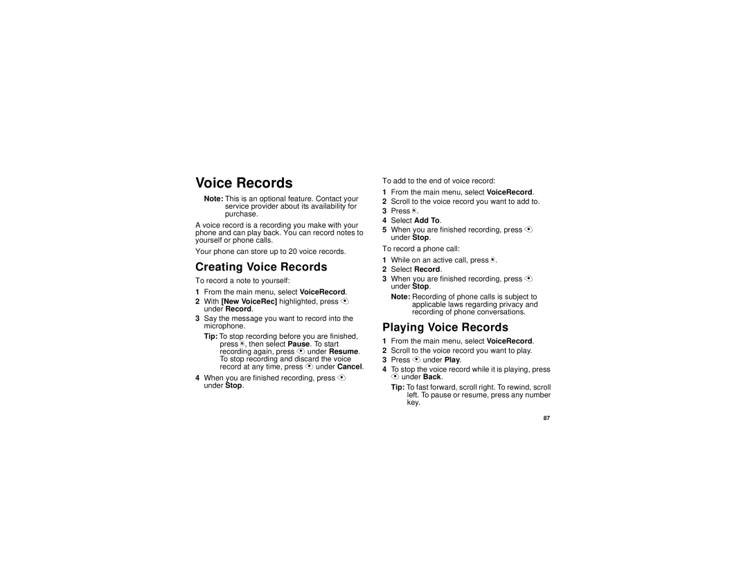 Motorola i325 manual Creating Voice Records, Playing Voice Records 