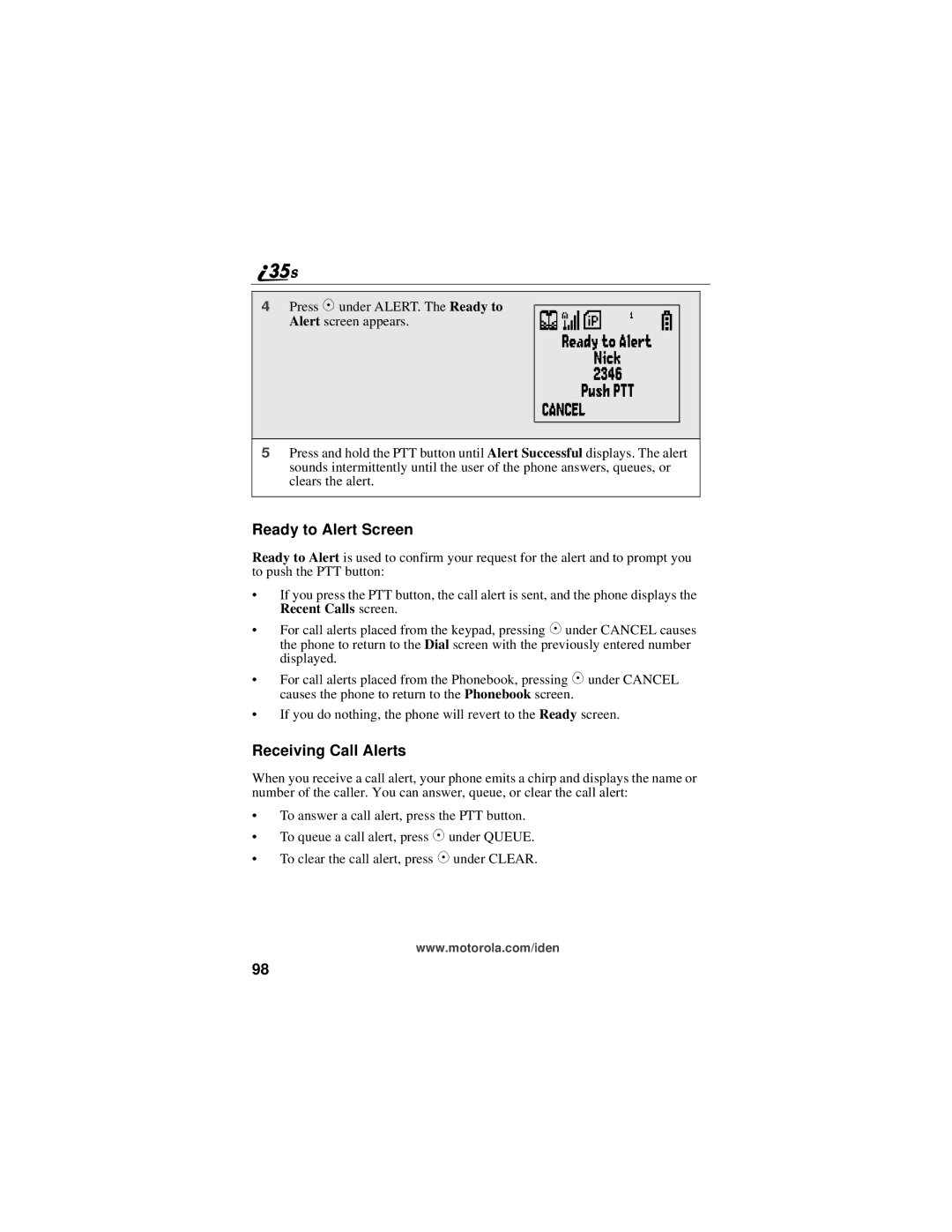 Motorola i325 manual Ready to Alert Screen, Receiving Call Alerts 