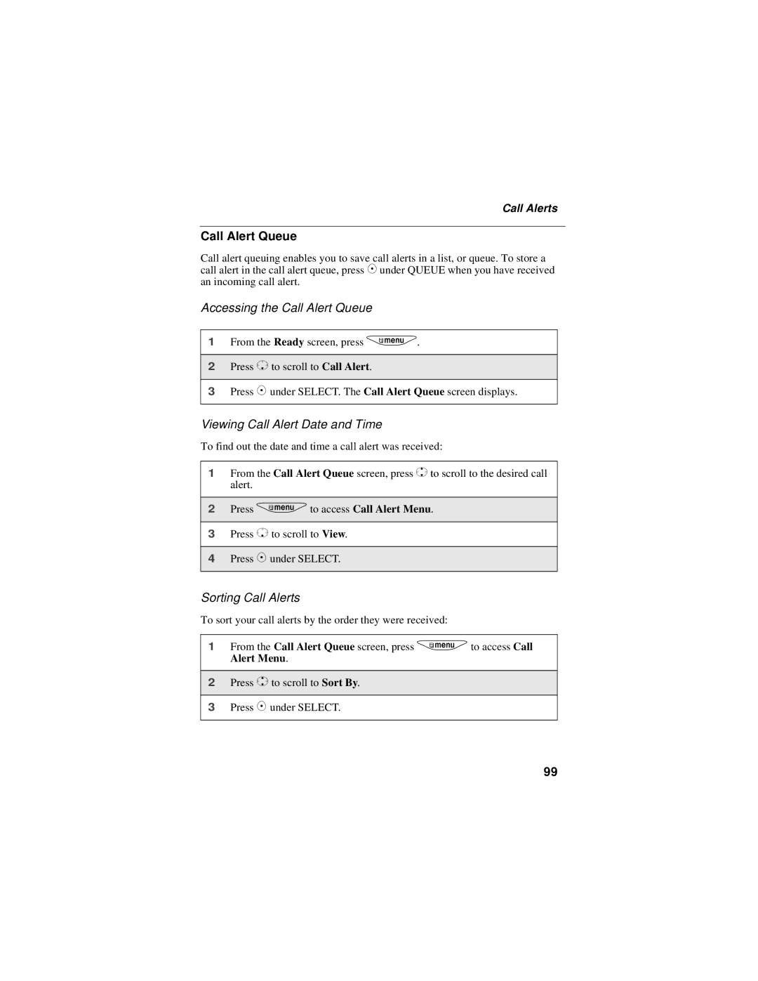 Motorola i325 manual Accessing the Call Alert Queue, Viewing Call Alert Date and Time, Sorting Call Alerts 