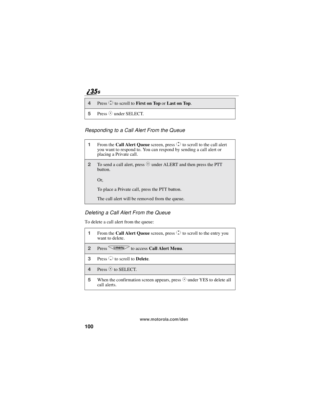 Motorola i325 manual Responding to a Call Alert From the Queue, Deleting a Call Alert From the Queue, 100 