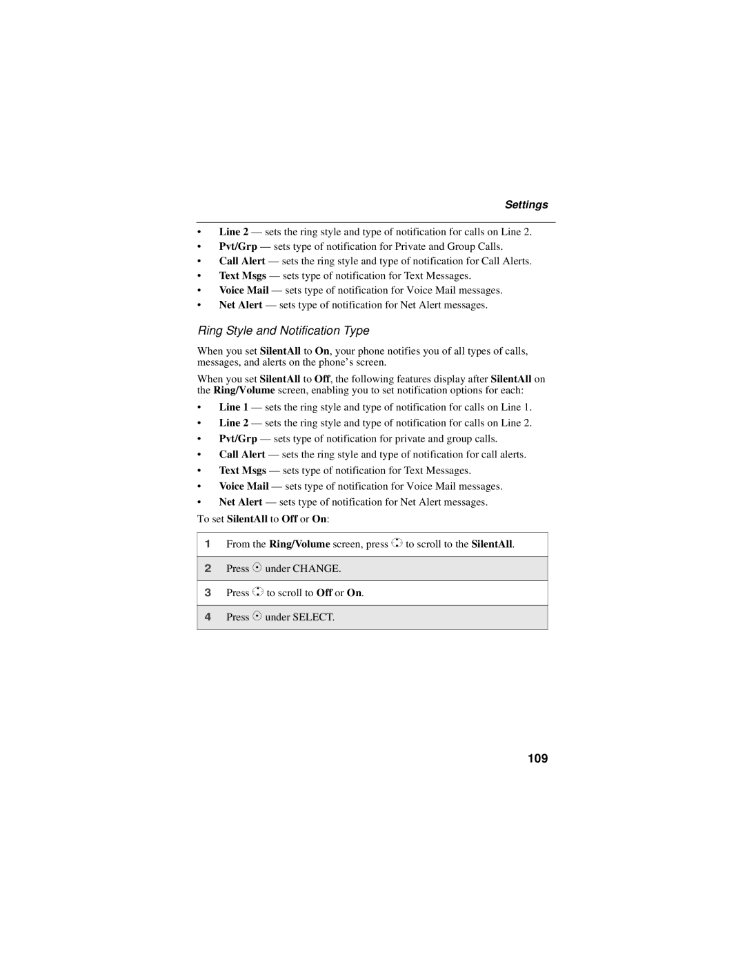 Motorola i325 manual Ring Style and Notification Type, 109, Settings, To set SilentAll to Off or On 