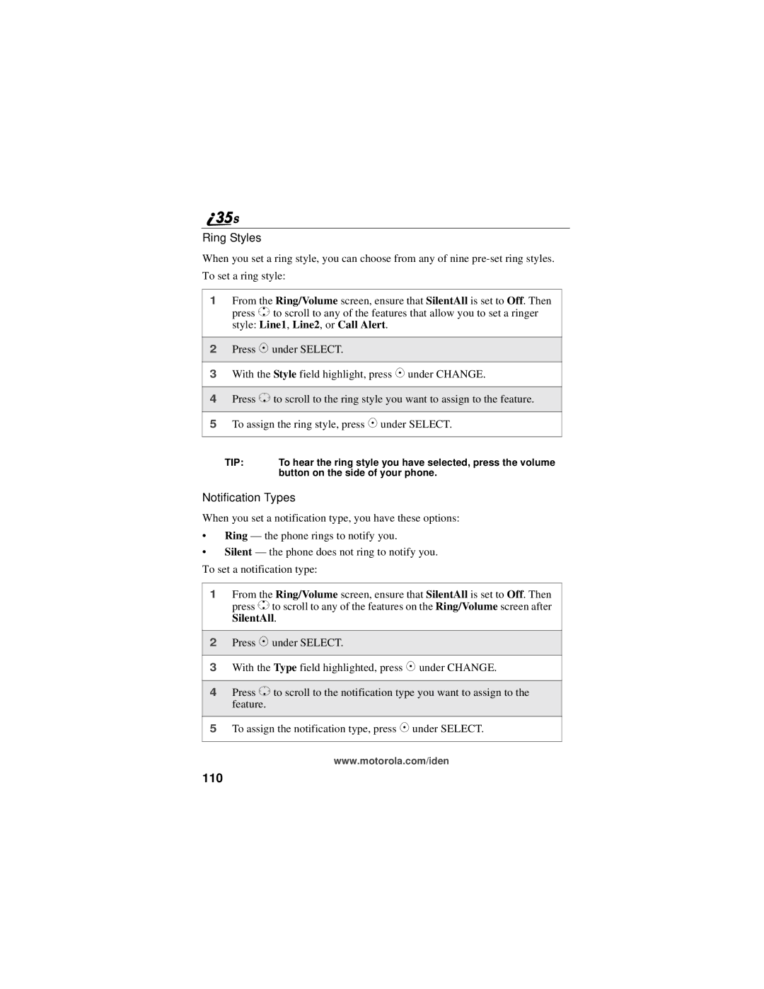 Motorola i325 manual 110, Ring Styles 