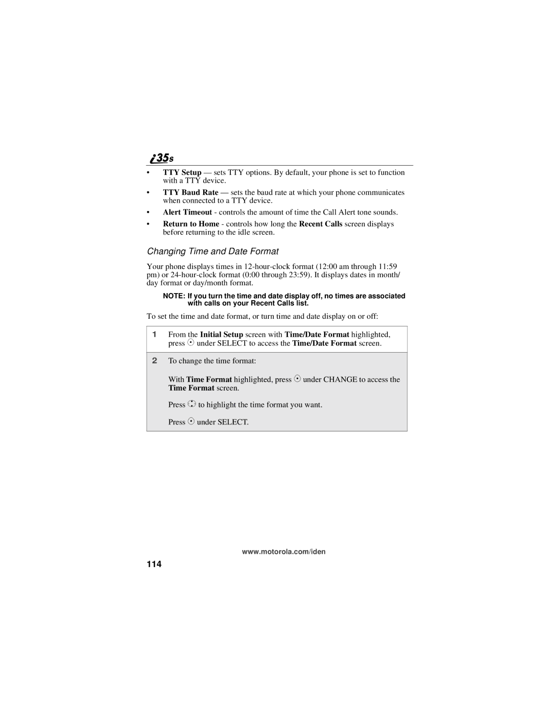 Motorola i325 manual Changing Time and Date Format, 114 