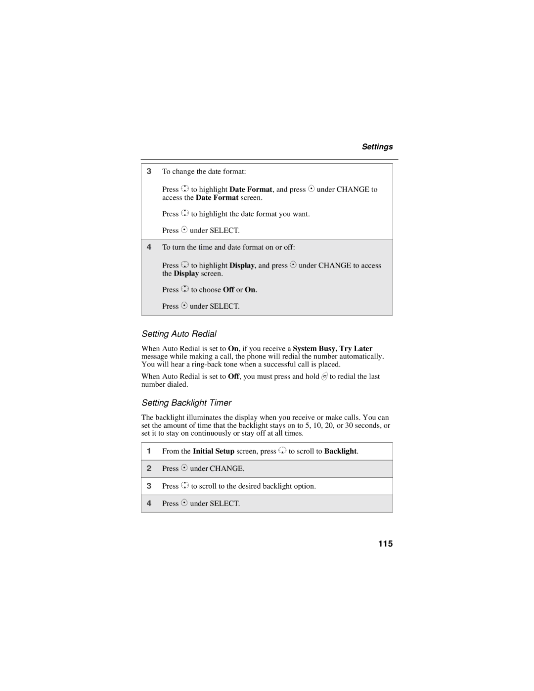 Motorola i325 manual Setting Auto Redial, Setting Backlight Timer, 115 