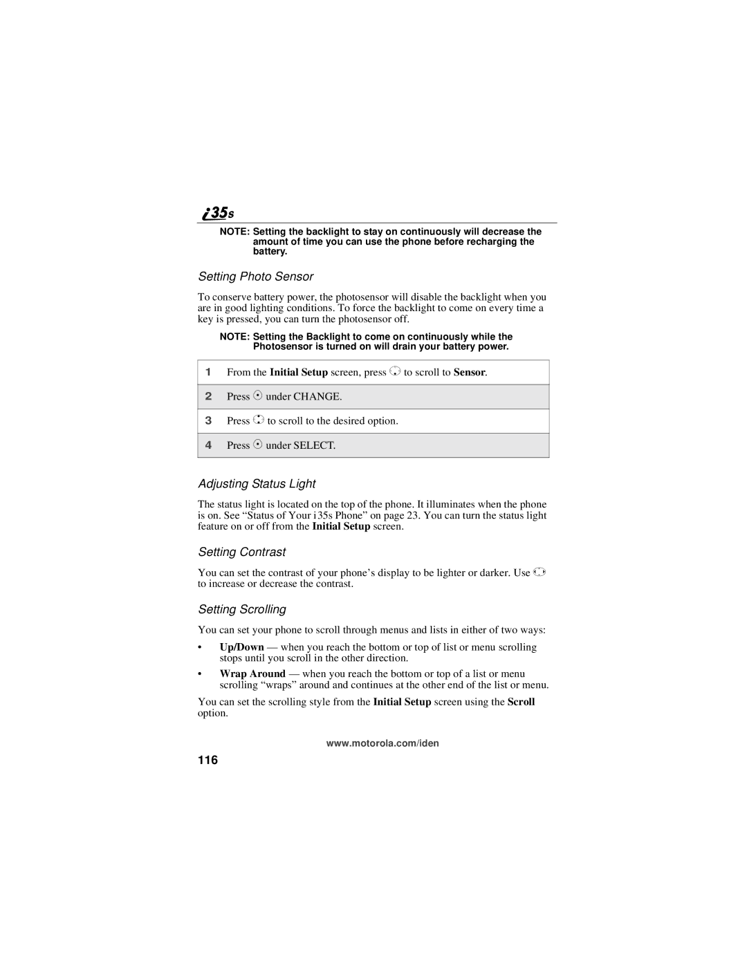 Motorola i325 manual Setting Photo Sensor, Adjusting Status Light, Setting Contrast, Setting Scrolling, 116 