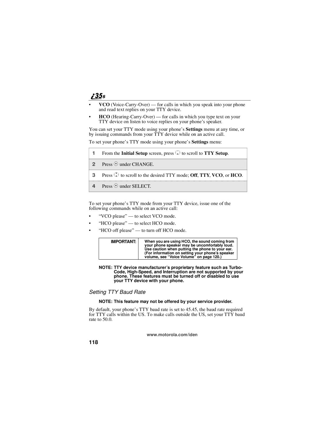 Motorola i325 manual Setting TTY Baud Rate, 118 