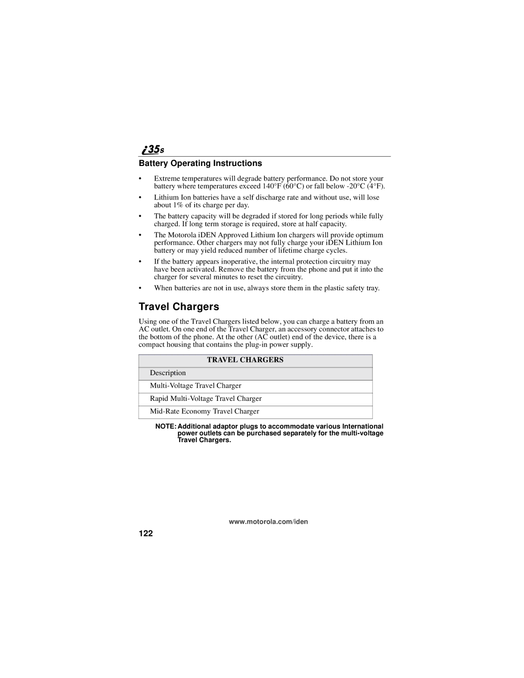 Motorola i325 manual Travel Chargers, Battery Operating Instructions, 122 