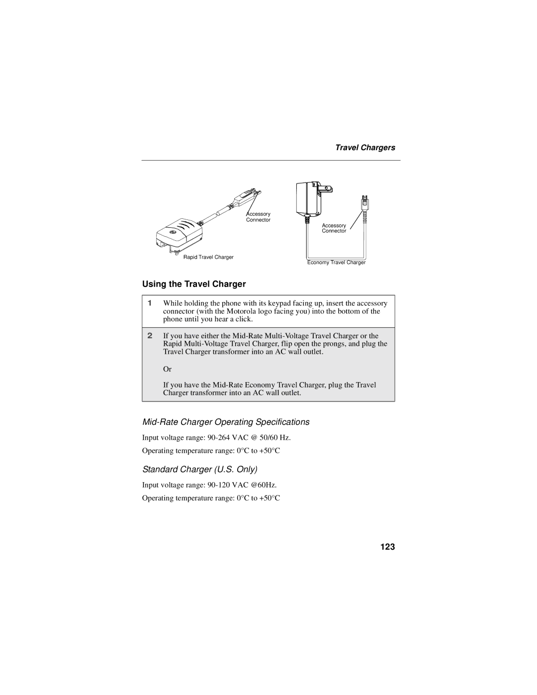 Motorola i325 manual Using the Travel Charger, Mid-Rate Charger Operating Specifications, Standard Charger U.S. Only, 123 