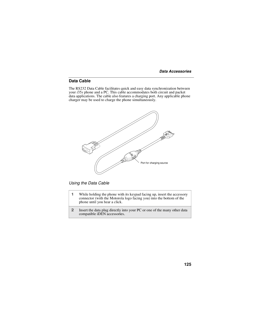 Motorola i325 manual Using the Data Cable, 125, Data Accessories 