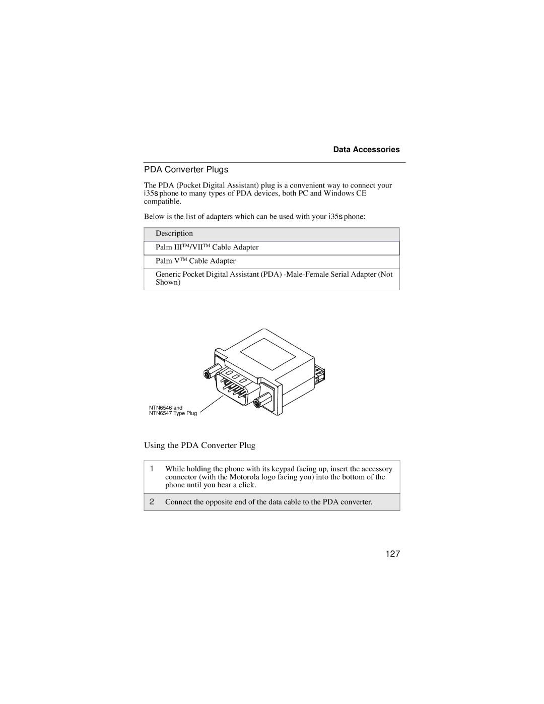 Motorola i325 manual PDA Converter Plugs, Using the PDA Converter Plug, 127 