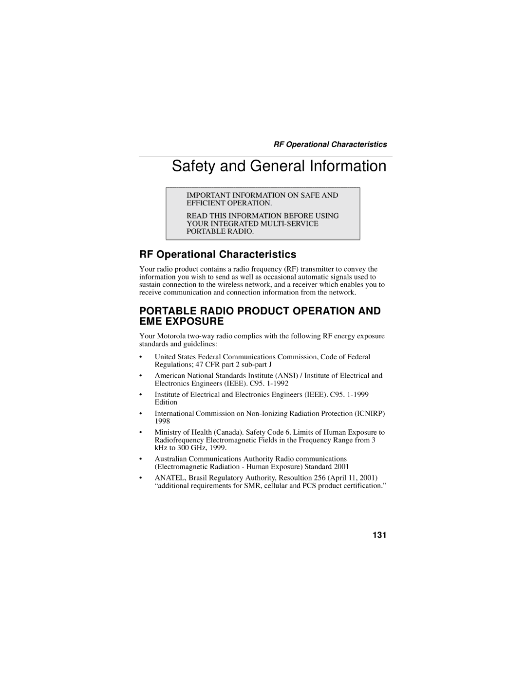 Motorola i325 manual Safety and General Information, RF Operational Characteristics, 131 