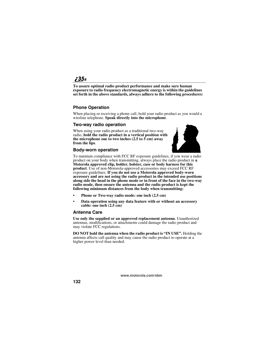 Motorola i325 manual Phone Operation, Two-way radio operation, Body-worn operation, Antenna Care, 132 