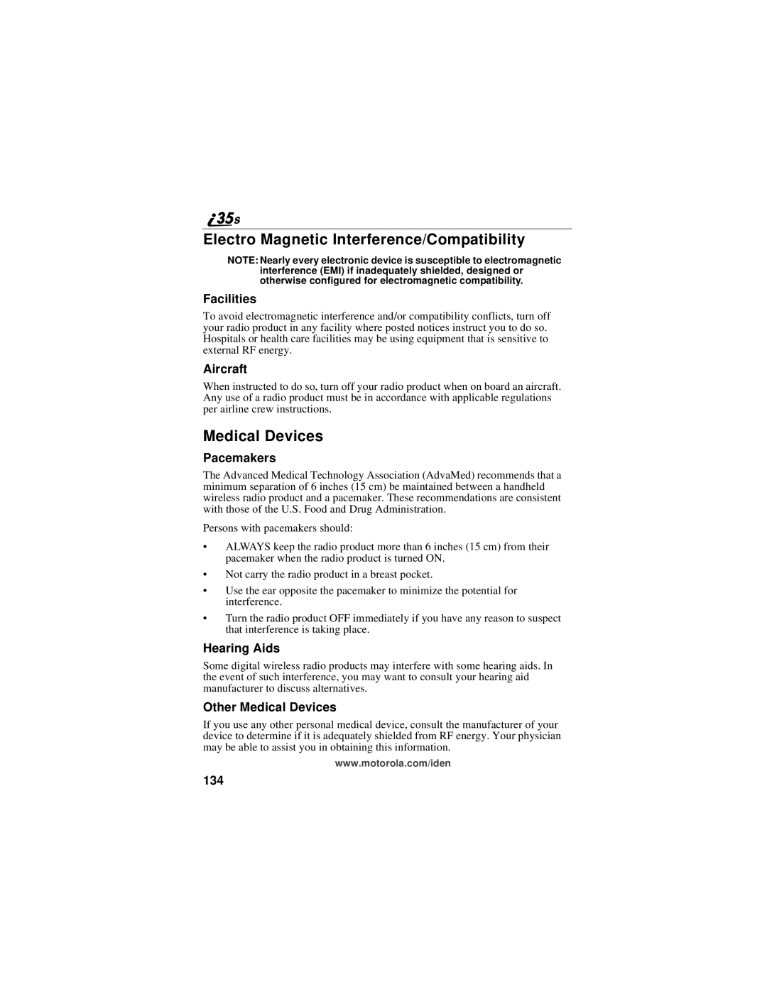 Motorola i325 manual Electro Magnetic Interference/Compatibility, Medical Devices 