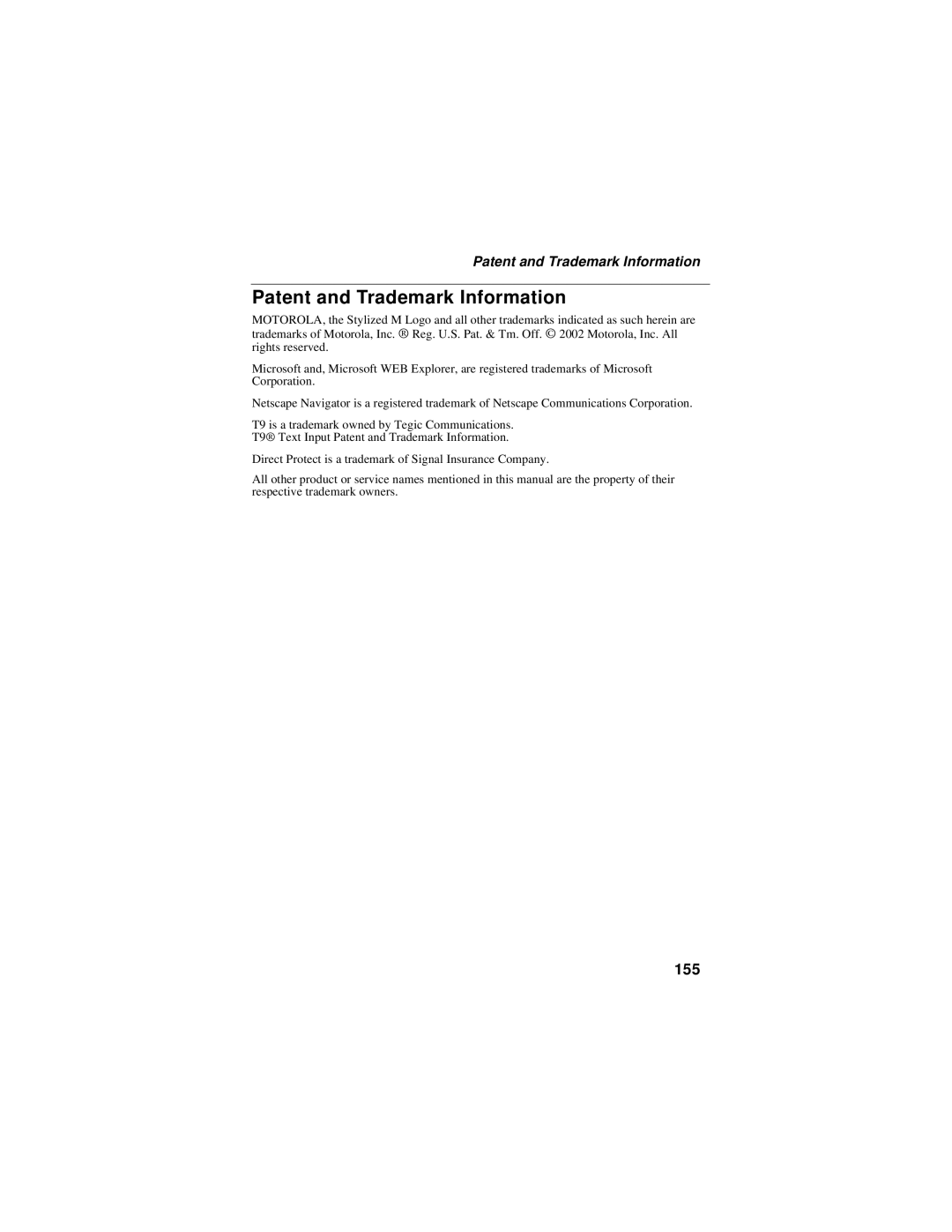 Motorola i325 manual Patent and Trademark Information, 155 