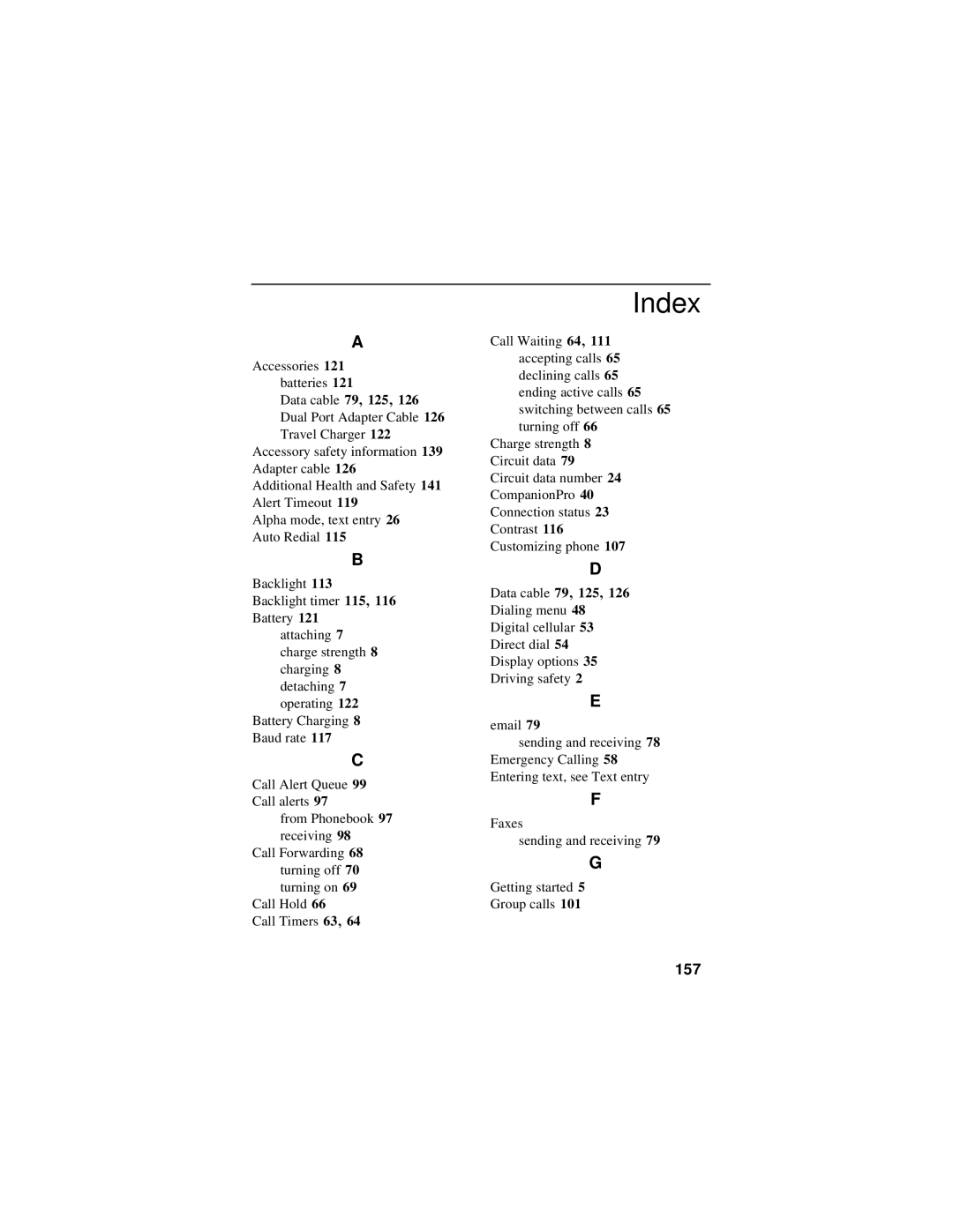 Motorola i325 manual Index, 157 