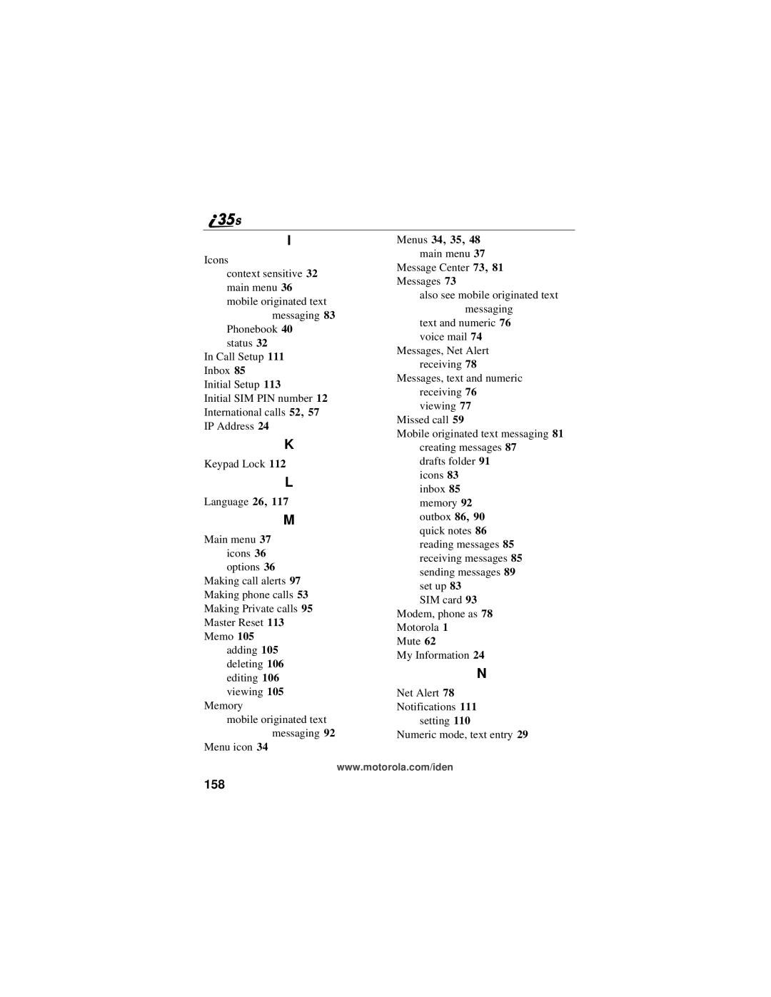 Motorola i325 manual 158, Menus 34, 35, 48 main menu 