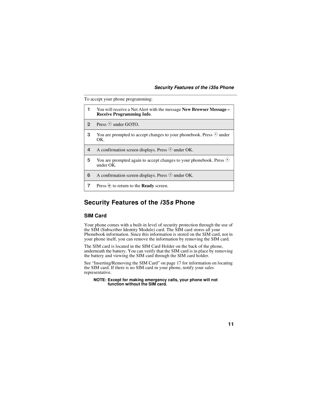 Motorola i325 manual Security Features of the i 35s Phone, SIM Card, Security Features of the i35s Phone 