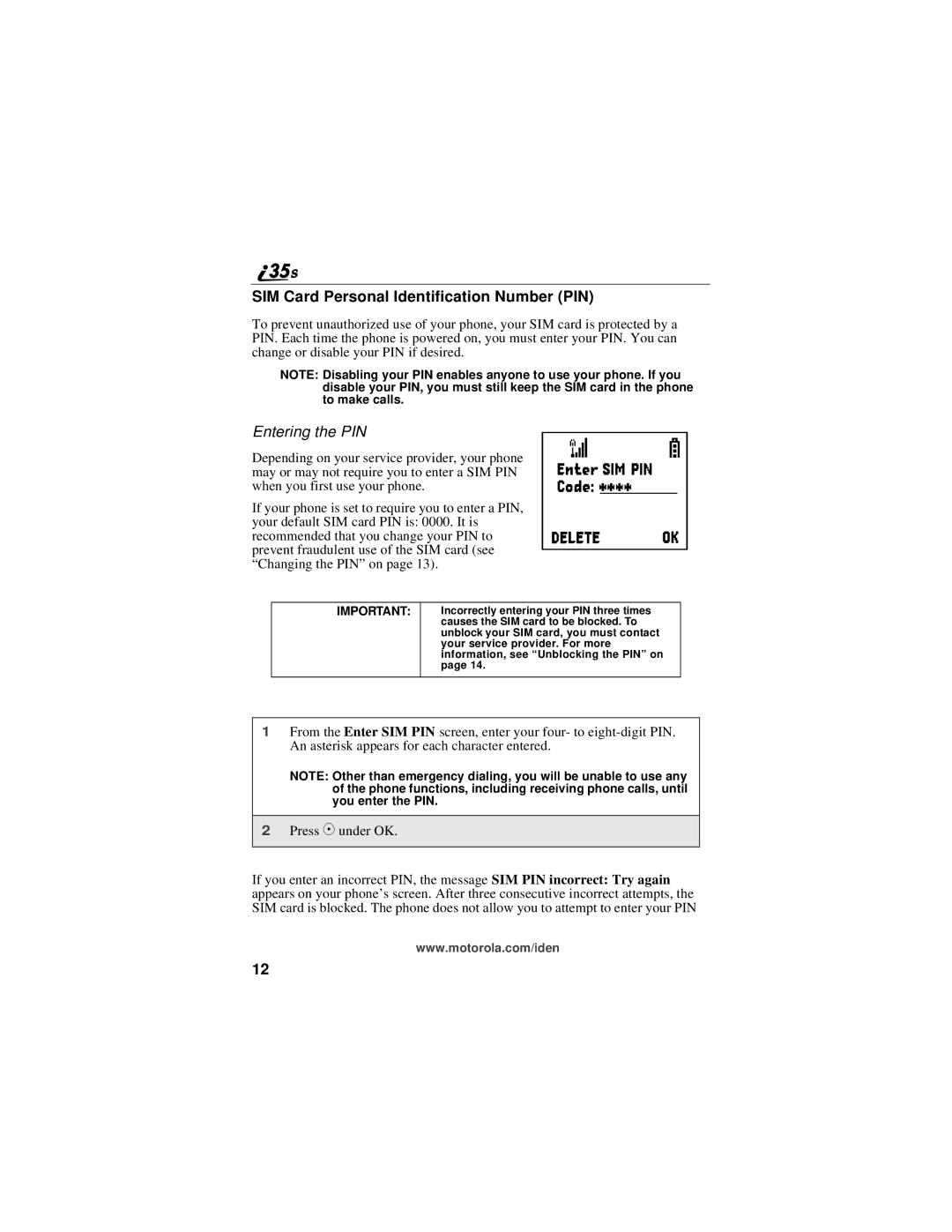 Motorola i325 manual SIM Card Personal Identification Number PIN, Entering the PIN 