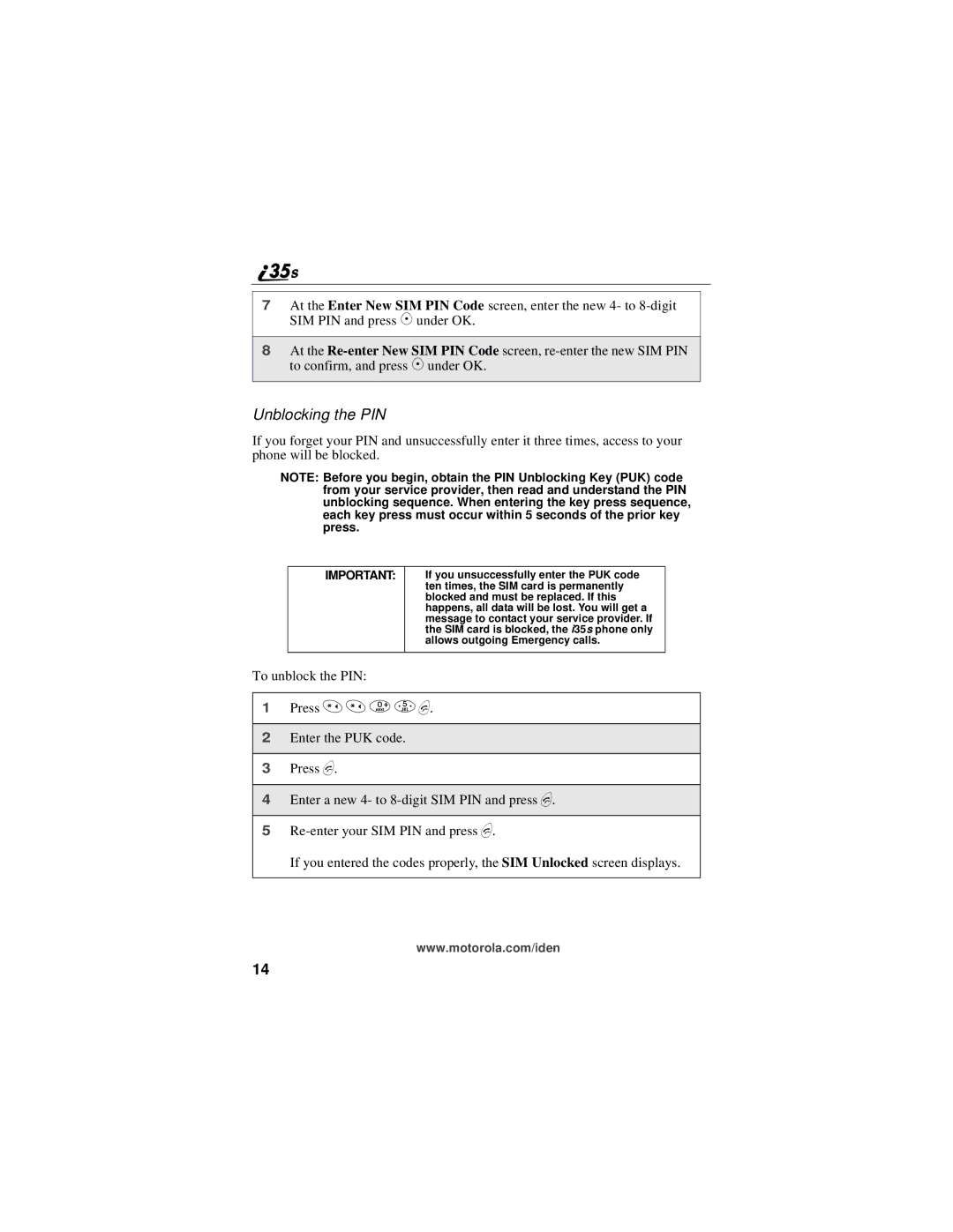 Motorola i325 manual Unblocking the PIN 