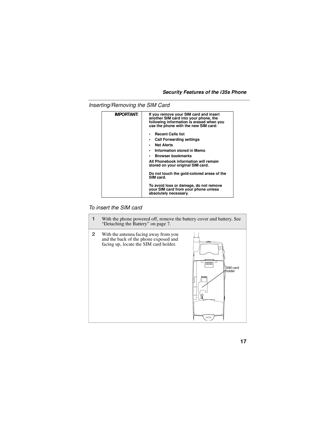 Motorola i325 manual Inserting/Removing the SIM Card 