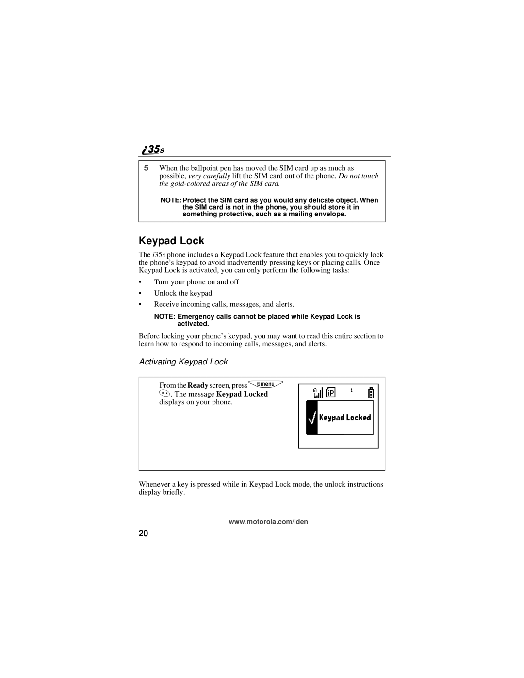 Motorola i325 manual Activating Keypad Lock 