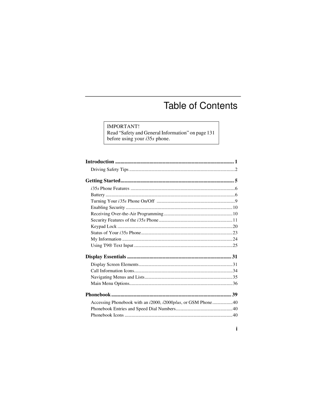 Motorola i325 manual Table of Contents 