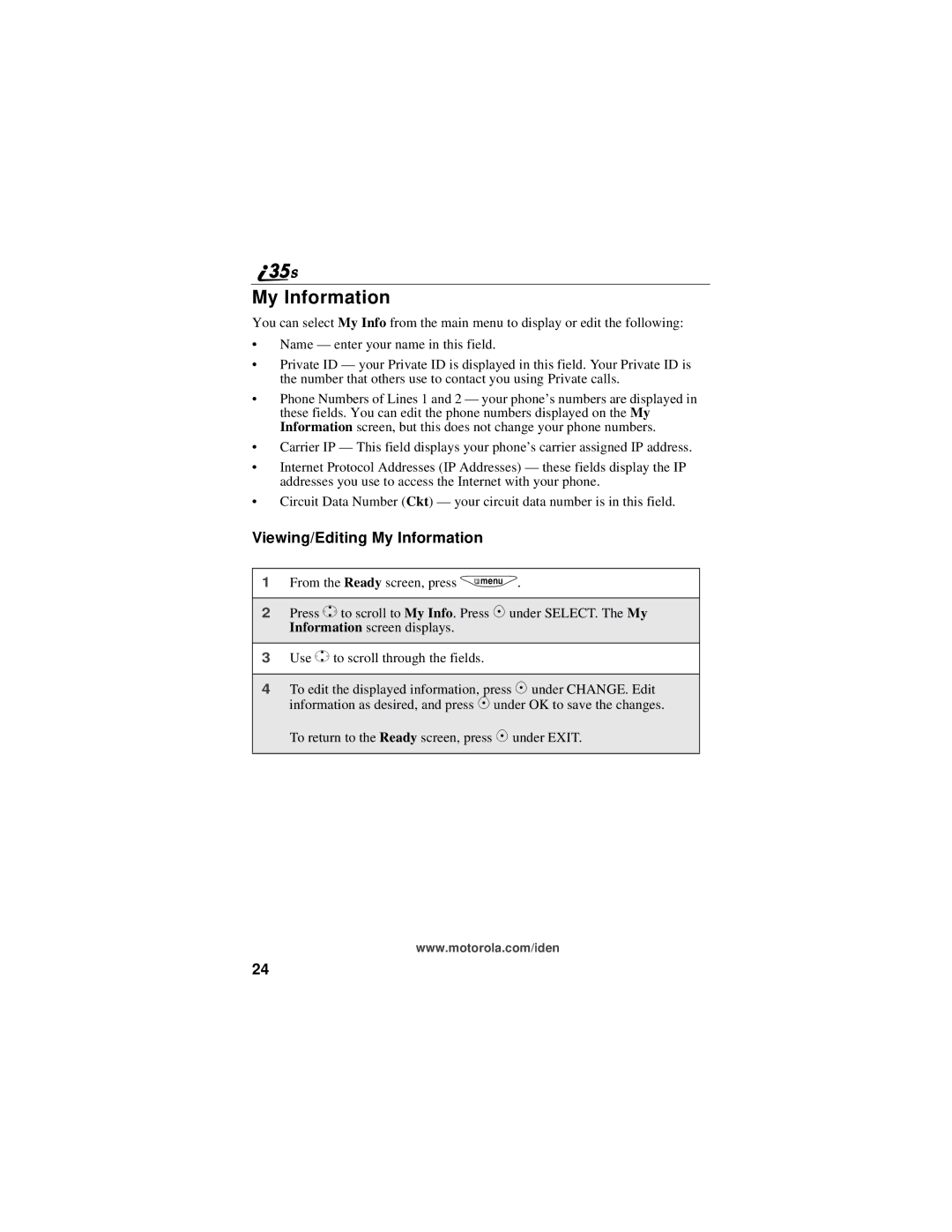 Motorola i325 manual Viewing/Editing My Information 