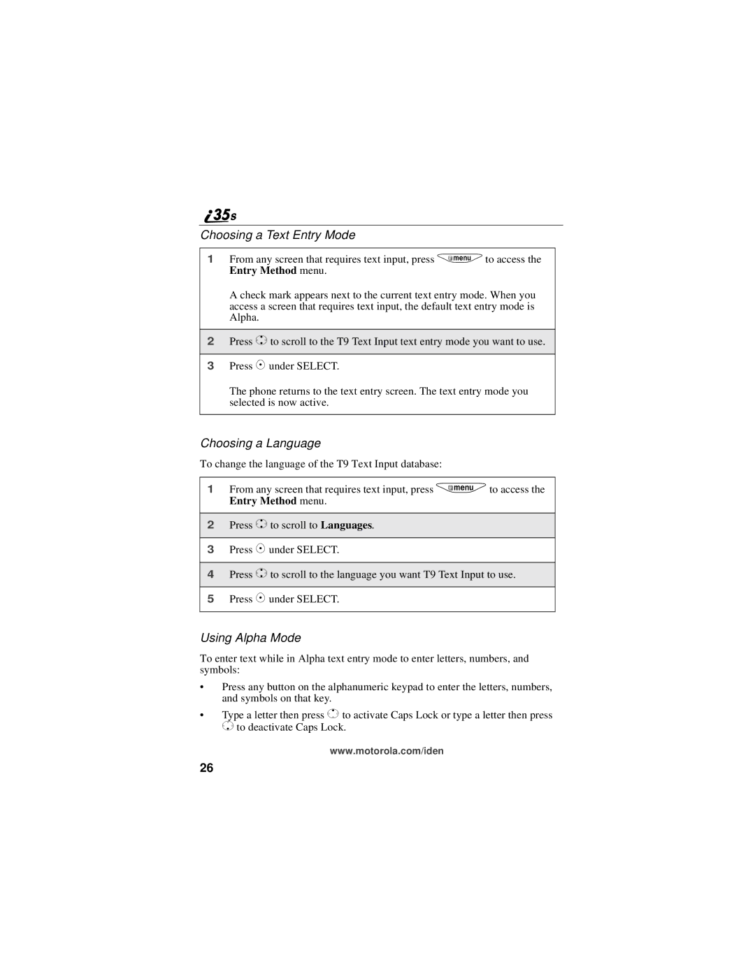 Motorola i325 manual Choosing a Text Entry Mode, Choosing a Language, Using Alpha Mode 