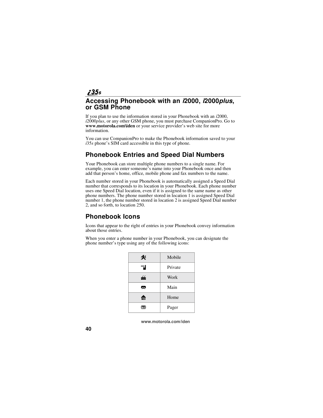 Motorola i325 manual Accessing Phonebook with an i2000, i2000plus, or GSM Phone, Phonebook Entries and Speed Dial Numbers 