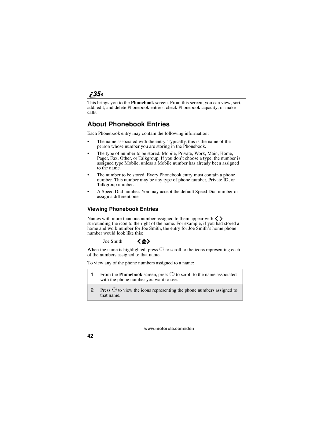 Motorola i325 manual About Phonebook Entries, Viewing Phonebook Entries 