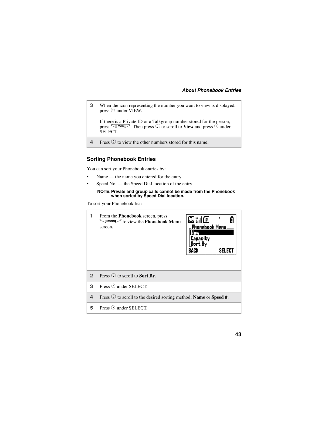 Motorola i325 manual Sorting Phonebook Entries, About Phonebook Entries 