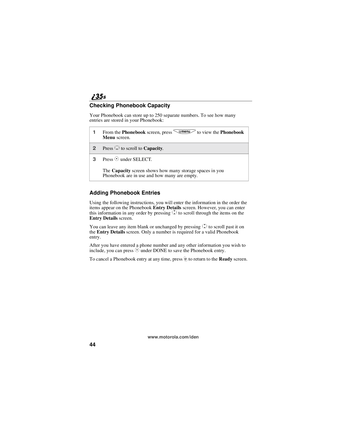 Motorola i325 manual Checking Phonebook Capacity, Adding Phonebook Entries 