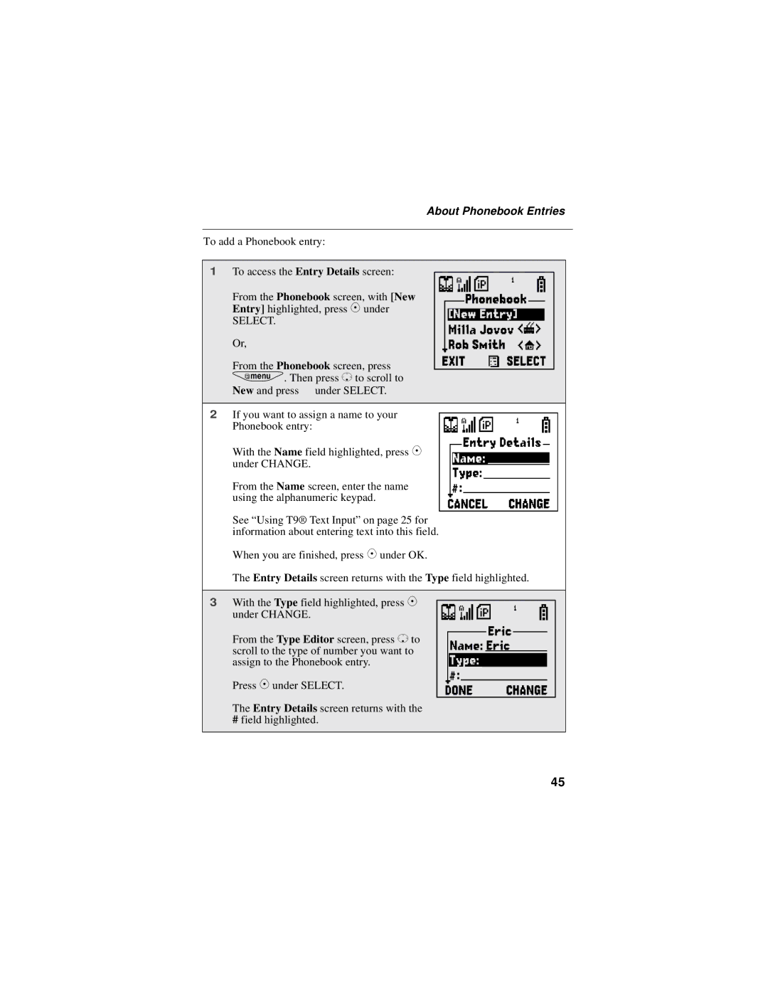 Motorola i325 manual Phonebook screen, press 