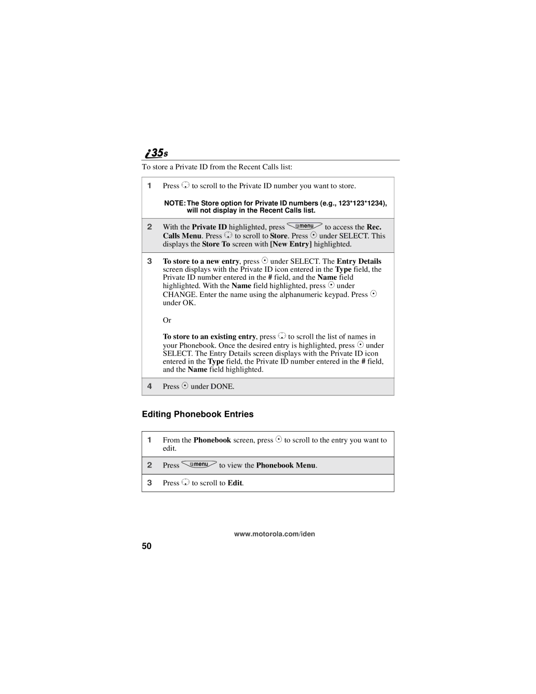Motorola i325 manual Editing Phonebook Entries 