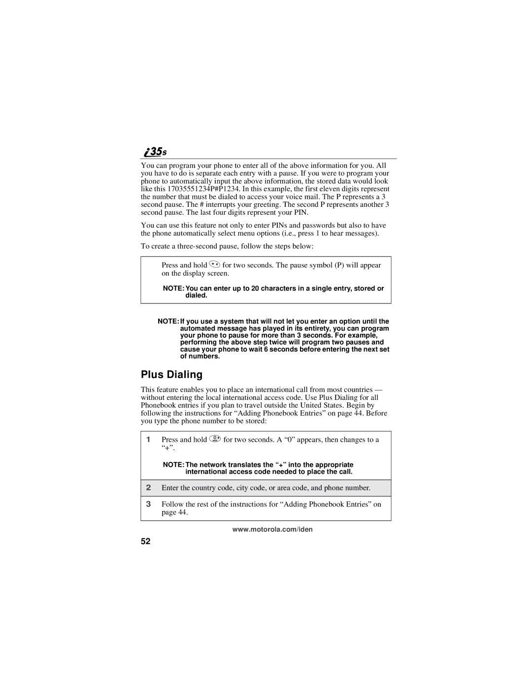 Motorola i325 manual Plus Dialing 