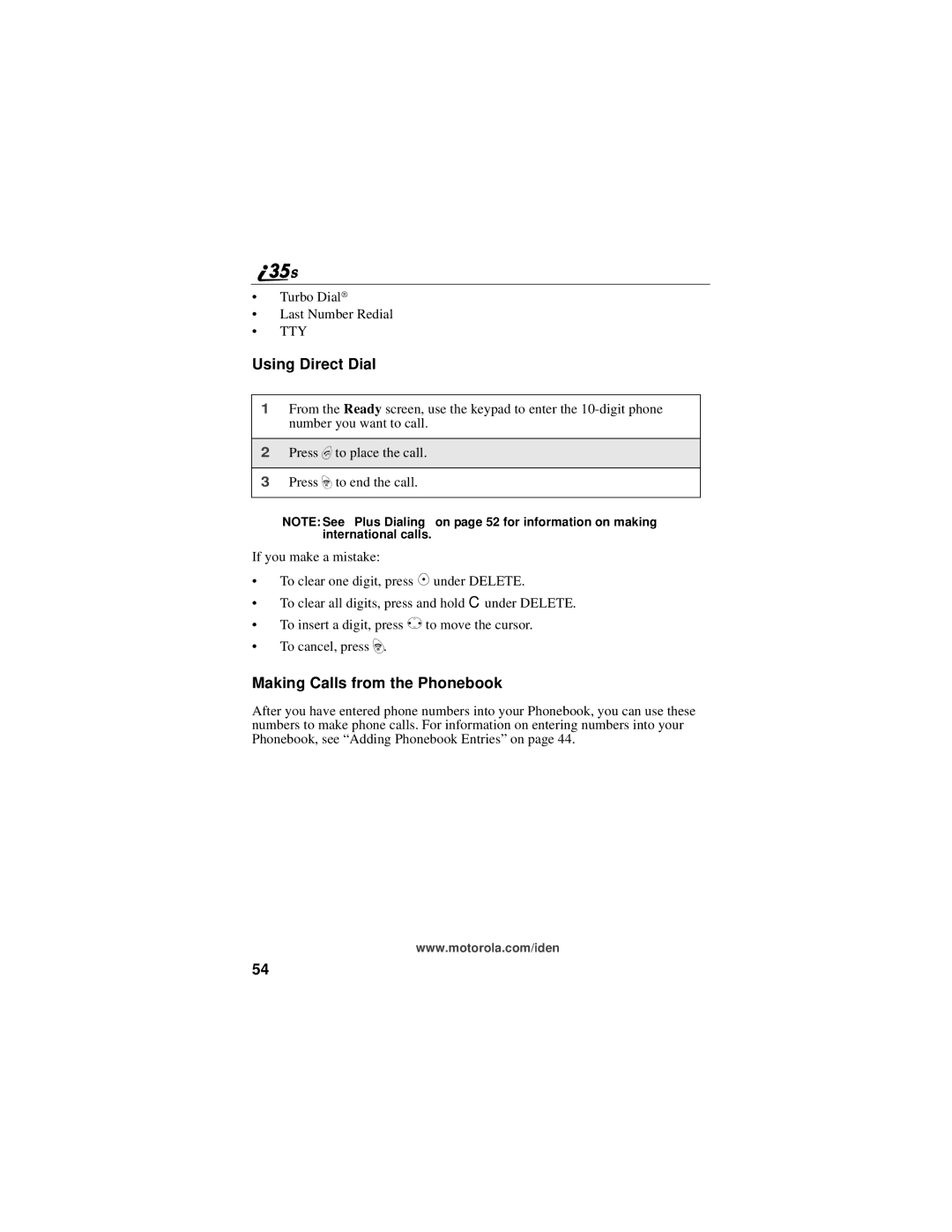 Motorola i325 manual Using Direct Dial, Making Calls from the Phonebook 